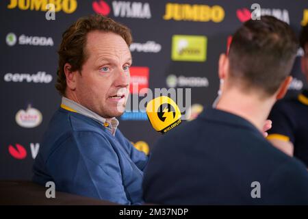 Jumbo-Visma head of performance Mathieu Heijboer and Jumbo-Visma sports  director Merijn Zeeman pictured during the media day of Dutch cycling team Jumbo  Visma in Mutxamel, Alicante, Spain, Tuesday 11 January 2022, in