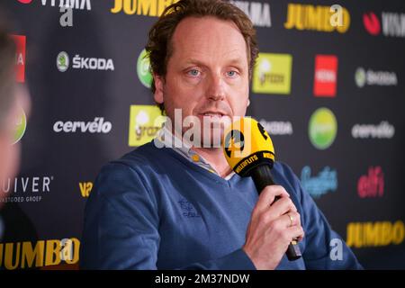 Jumbo-Visma head of performance Mathieu Heijboer and Jumbo-Visma sports  director Merijn Zeeman pictured during the media day of Dutch cycling team Jumbo  Visma in Mutxamel, Alicante, Spain, Tuesday 11 January 2022, in