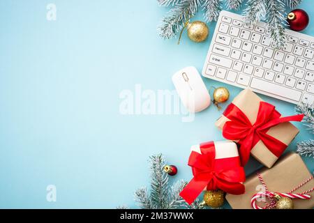 Boxing day concept, online shopping with holiday decorations. Stock Photo