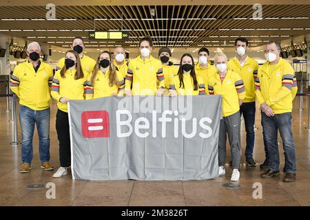 Belgian athletes pictured at the departure of athletes of Team Belgium to the Beijing 2022 Winter Olympic Games, Saturday 29 January 2022, at the Brussels Airport in Zaventem. BELGA PHOTO LAURIE DIEFFEMBACQ Stock Photo