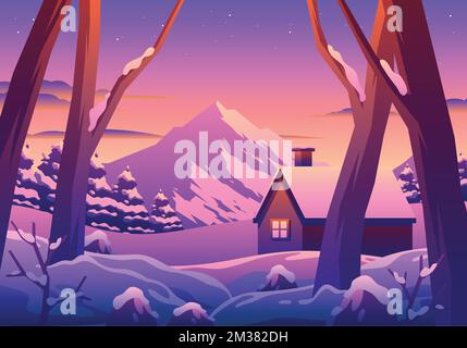 A beautiful landscape of the winter sunset in a snowy forest with mountains in the background Stock Vector