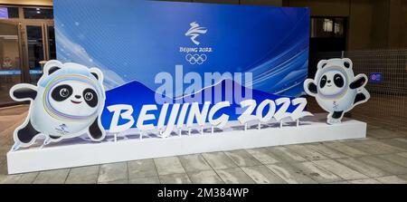 ATTENTION EDITORS - SMARTPHONE PICTURE - BEST QUALITY AVAILABLE - Illustration picture shows the 'Beijing 2022 logo' during a training session of the Belgian Short Track team, ahead of the Beijing 2022 Winter Olympics in Beijing, China, Tuesday 01 February 2022. The winter Olympics are taking place from 4 February to 20 February 2022. Stock Photo