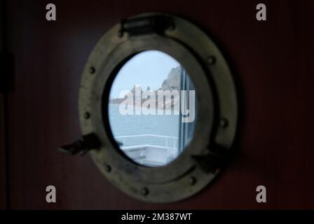 porthole on a yacht in the atlantic Stock Photo