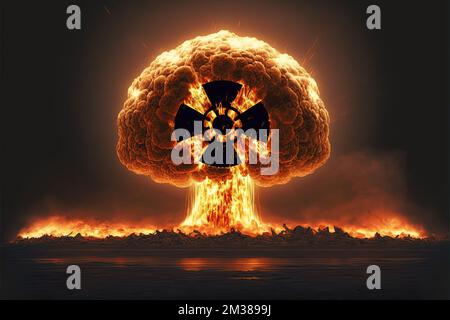 mushroom of fire of a nuclear explosion in the skyline creating a nuclear fire with nuke symbol. Apocalyptic war aerial view. Stock Photo