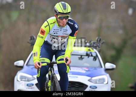 Intermarche Wanty-Gobert Materiaux rider pictured in action during the reconnaissance of the track, ahead of the one-day cycling race Omloop Het Nieuwsblad, Thursday 24 February 2022, in Oudenaarde. BELGA PHOTO DAVID STOCKMAN Stock Photo
