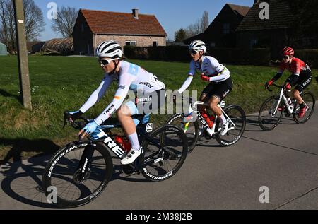 French Audrey Cordon-Ragot of Trek - Segafredo , Italian Elisa Balsamo of Trek - Segafredo and French Typhaine Laurance of Arkea Pro Cycling Team pictured in action during the women's elite race of the 'Omloop Het Nieuwsblad' one-day cycling race, 128,4km from Gent to Ninove, Saturday 26 February 2022. BELGA PHOTO JASPER JACOBS  Stock Photo