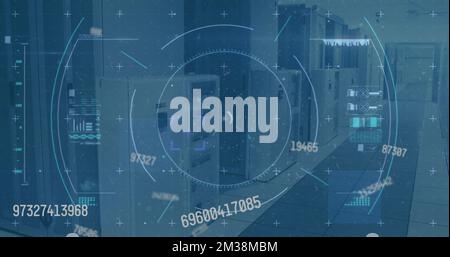 Image of scope scanning and data processing over empty office. Global communication technology and data sharing concept digitally generated image. Stock Photo