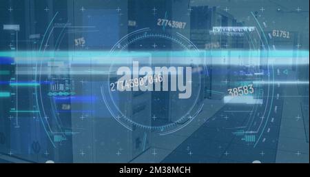 Image of scope scanning and data processing over empty office. Global communication technology and data sharing concept digitally generated image. Stock Photo
