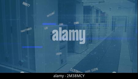 Image of scope scanning and data processing over empty office. Global communication technology and data sharing concept digitally generated image. Stock Photo