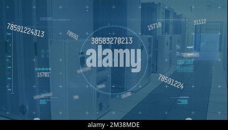Image of scope scanning and data processing over empty office. Global communication technology and data sharing concept digitally generated image. Stock Photo