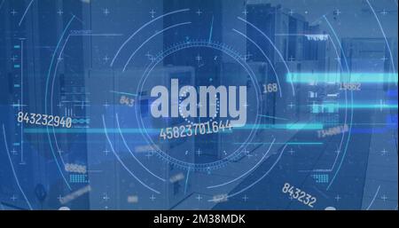 Image of scope scanning and data processing over empty office. Global communication technology and data sharing concept digitally generated image. Stock Photo