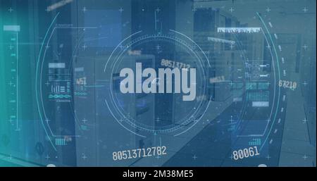 Image of scope scanning and data processing over empty office. Global communication technology and data sharing concept digitally generated image. Stock Photo