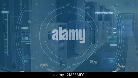 Image of scope scanning and data processing over empty office. Global communication technology and data sharing concept digitally generated image. Stock Photo