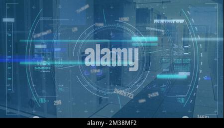 Image of scope scanning and data processing over empty office. Global communication technology and data sharing concept digitally generated image. Stock Photo