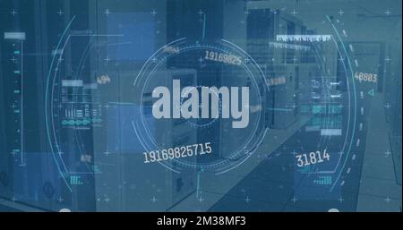 Image of scope scanning and data processing over empty office. Global communication technology and data sharing concept digitally generated image. Stock Photo