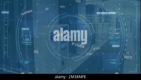 Image of scope scanning and data processing over empty office. Global communication technology and data sharing concept digitally generated image. Stock Photo