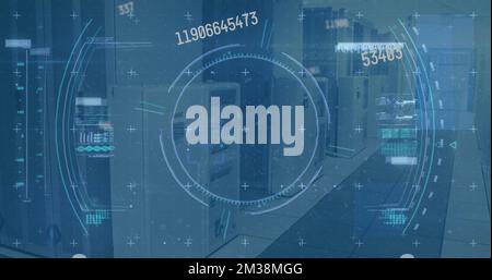 Image of scope scanning and data processing over empty office. Global communication technology and data sharing concept digitally generated image. Stock Photo