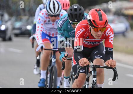 Belgian Sebastien Grignard of Lotto Soudal pictured in action during stage six of 80th edition of the Paris-Nice cycling race, from Courthezon to Aubagne (213,6 km) in France, Friday 11 March 2022. BELGA PHOTO DAVID STOCKMAN  Stock Photo