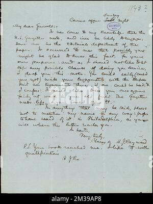 Henry Jarvis Raymond, Courier office., autograph letter signed to R. W. Griswold, [1843?] , American literature, 19th century, History and criticism, Authors, American, 19th century, Correspondence, Authors and publishers, Poets, American, 19th century, Correspondence. Rufus W. Griswold Papers Stock Photo