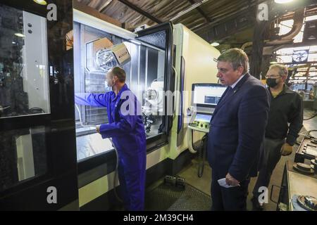 Flemish Minister President Jan Jambon pictured during a visit to the OMCO glass production firm in Johannesburg, during a diplomatic mission of the Flemish government to South-Africa on Wednesday 06 April 2022. BELGA PHOTO NICOLAS MAETERLINCK Stock Photo