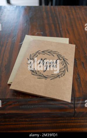 Natural thank you card on wooden table Stock Photo