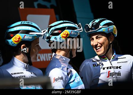 French Audrey Cordon-Ragot of Trek - Segafredo , Dutch Lucinda Brand of Trek - Segafredo and Italian Elisa Balsamo of Trek - Segafredo pictured at the start of the second edition of the women elite race of the 'Paris-Roubaix' cycling event, 124,7km from Denain to Roubaix, France on Saturday 16 April 2022. BELGA PHOTO JASPER JACOBS Stock Photo