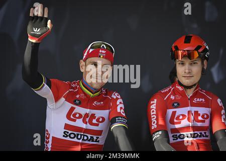 Belgian Philippe Gilbert of Lotto Soudal and Belgian Sebastien Grignard of Lotto Soudal pictured at the start of the Liege-Bastogne-Liege one day cycling race, 257,5km from Liege to Liege, Sunday 24 April 2022, in Liege. BELGA PHOTO ERIC LALMAND Stock Photo