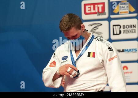 Silver medallist Belgian Matthias Casse pictured on the podium on the second day of the European Judo Championships in Sofia, Bulgaria, Saturday 30 April 2022. The tournament is taking place from 29 of April to the 1st of May. BELGA PHOTO HRISTO VLADEV Stock Photo