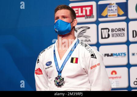 Silver medallist Belgian Matthias Casse pictured on the podium on the second day of the European Judo Championships in Sofia, Bulgaria, Saturday 30 April 2022. The tournament is taking place from 29 of April to the 1st of May. BELGA PHOTO HRISTO VLADEV Stock Photo