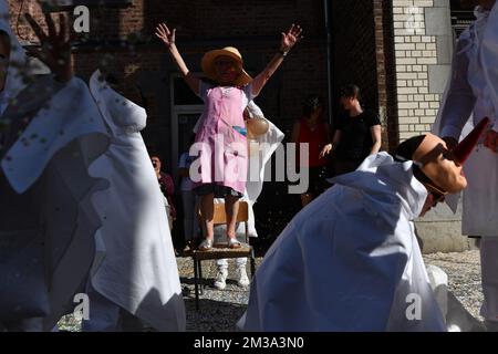 Illustration picture shows a folcloric carnival parade in Stavelot, Sunday 15 May 2022. The parade replaces the Laetare of Stavelot which is traditionally held on Laetare Sunday and is very well known for its 'Blancs Moussis', showering people with confetti, dressed in a white costume with hood and a red pointed nose. BELGA PHOTO JOHN THYS  Stock Photo