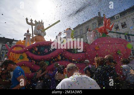 Illustration picture shows a folcloric carnival parade in Stavelot, Sunday 15 May 2022. The parade replaces the Laetare of Stavelot which is traditionally held on Laetare Sunday and is very well known for its 'Blancs Moussis', showering people with confetti, dressed in a white costume with hood and a red pointed nose. BELGA PHOTO JOHN THYS Stock Photo