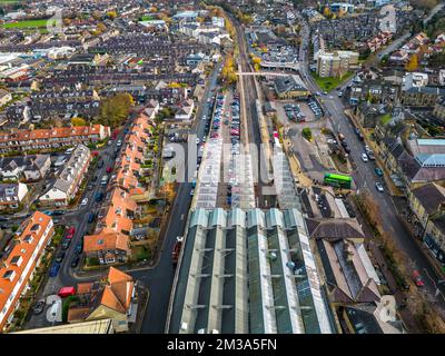 Ilkley, West Yorkshire. 7th December, 2022. Aerial view of Ilkley town centre viewed from above Brook Street. Stock Photo