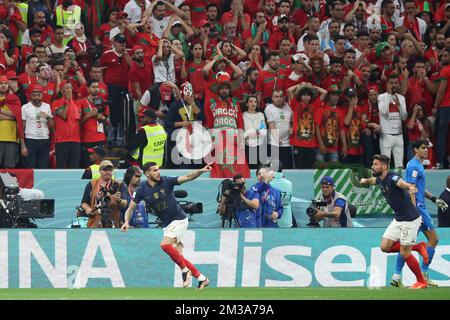 Theo Hernandez, Olivier Giroud of France celebrate 1st goal during the FIFA World Cup 2022, Semi-final football match between France and Morocco on December 14, 2022 at Al Bayt Stadium in Al Khor, Qatar - Photo: Jean Catuffe/DPPI/LiveMedia Stock Photo