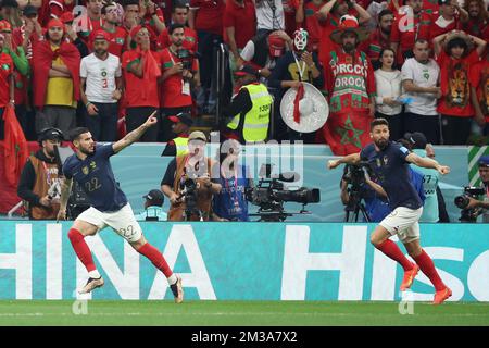 Theo Hernandez, Olivier Giroud of France celebrate 1st goal during the FIFA World Cup 2022, Semi-final football match between France and Morocco on December 14, 2022 at Al Bayt Stadium in Al Khor, Qatar - Photo: Jean Catuffe/DPPI/LiveMedia Stock Photo