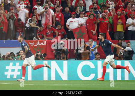 Theo Hernandez, Olivier Giroud of France celebrate 1st goal during the FIFA World Cup 2022, Semi-final football match between France and Morocco on December 14, 2022 at Al Bayt Stadium in Al Khor, Qatar - Photo: Jean Catuffe/DPPI/LiveMedia Stock Photo