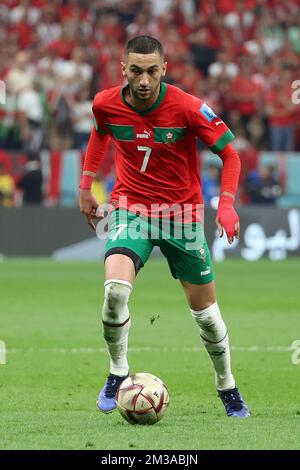 Hakim Ziyech of Morocco during the FIFA World Cup 2022, Semi-final football match between France and Morocco on December 14, 2022 at Al Bayt Stadium in Al Khor, Qatar - Photo: Jean Catuffe/DPPI/LiveMedia Stock Photo
