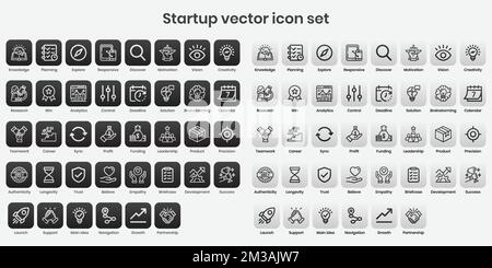 Startup vector icon set. black and white icon series with line and stroke. Stock Vector