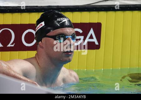 Belgian Louis Croenen reacts after the men's 100m butterfly at the swimming world championships in Budapest, Hungary, Thursday 23 June 2022. The 19th FINA World Championships 2022 take place from 18 June to 03 July. BELGA PHOTO NIKOLA KRSTIC  Stock Photo
