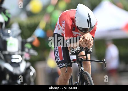 Belgian Sebastien Grignard of Lotto Soudal pictured in action during the men's elite individual time trial race of 35km at the Belgian championships, in Gavere, Thursday 23 June 2022. BELGA PHOTO DAVID STOCKMAN  Stock Photo