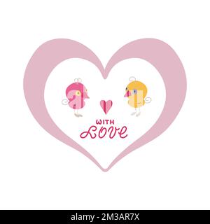 Little birds in a heart shape frame with lettering With love. Doodle kawaii style illustration Stock Vector