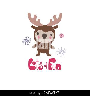 Cute Reindeer with hand drawn lettering Lots of fun. Doodle kawaii style illustration. Stock Vector