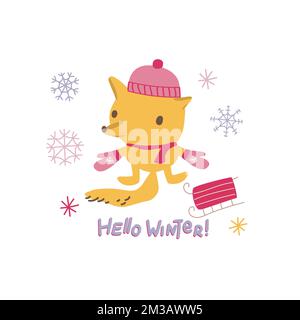 Cute fox with hand drawn lettering Hello winter. Doodle kawaii style illustration. Stock Vector