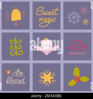 Collection of square cards with hand drawn lettering and Christmas symbols. Stock Vector