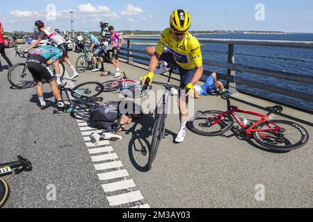 Belgian Yves Lampaert of Quick-Step Alpha Vinyl pictured after a fall during the second stage of the Tour de France cycling race, a 202,2 km race between Roskilde and Nyborg, Denmark, Saturday 02 July 2022. This year's Tour de France takes place from 01 to 24 July 2022 and starts with three stages in Denmark. BELGA PHOTO POOL ETIENNE GARNIER Stock Photo