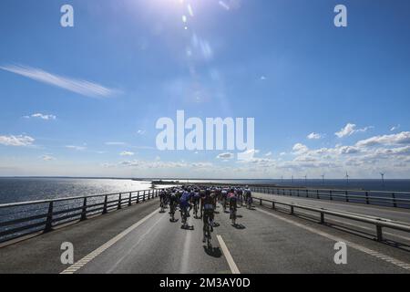 Illustration picture shows the pack of riders in action during the second stage of the Tour de France cycling race, a 202,2 km race between Roskilde and Nyborg, Denmark, Saturday 02 July 2022. This year's Tour de France takes place from 01 to 24 July 2022 and starts with three stages in Denmark. BELGA PHOTO POOL ETIENNE GARNIER Stock Photo