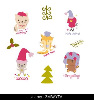 Collection of hand drawn kawaii style cute animals. Doodle isolated illustration with animals Stock Vector