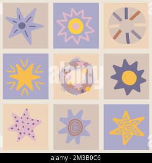 Collection of square cards with stars and Christmas wreath. Stock Vector