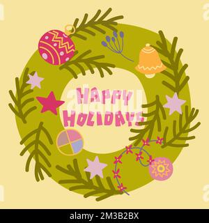 Christmas wreath with hand lettering Happy Holidays. Stock Vector