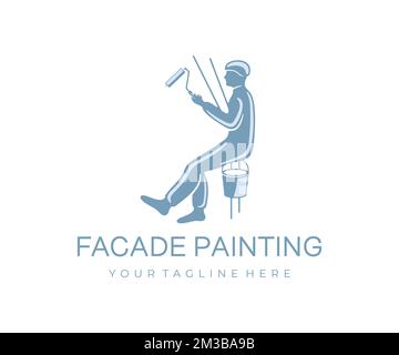 Builder, painter, climber paints the facade with roller and paint bucket, logo design. Industrial climber paint the wall of the building, construction Stock Vector