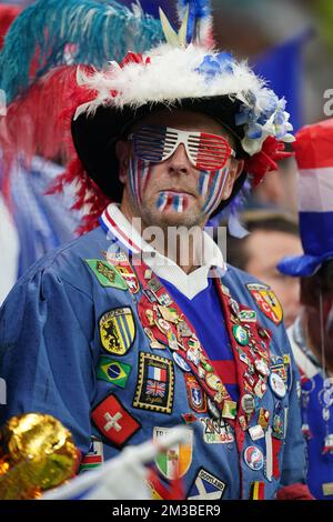 Al Khor, Qatar. 14th Dec, 2022. Al Bayt Stadium DOHA, QATAR - DECEMBER 14: Supporter of France pose for a photo before the FIFA World Cup Qatar 2022 Semi-finals match between France and Morocco at Al Bayt Stadium on December 14, 2022 in Al Khor, Qatar. (Photo by Florencia Tan Jun/PxImages) (Florencia Tan Jun/SPP) Credit: SPP Sport Press Photo. /Alamy Live News Stock Photo